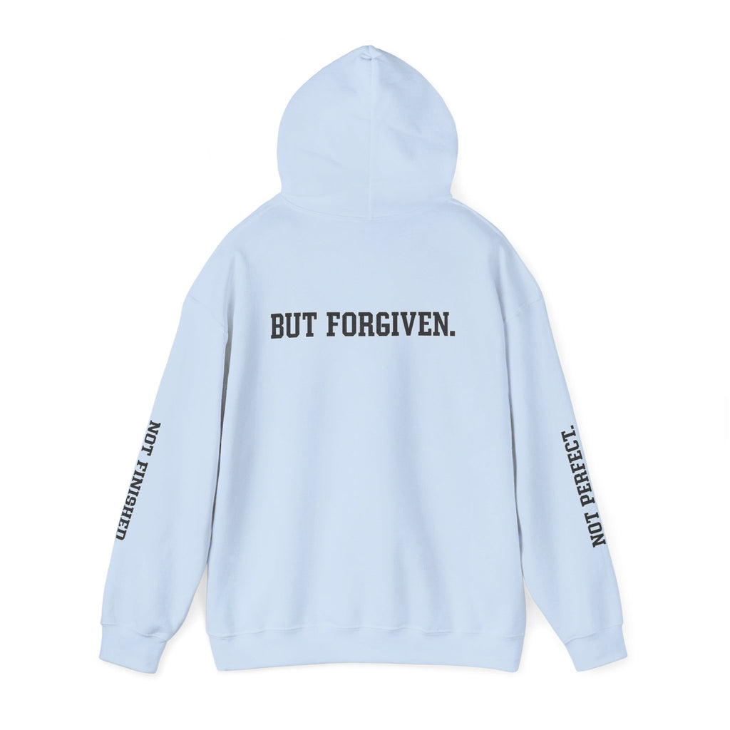 Christian Hoodie — "Ephesians 1:7" Cross Front, "But Forgiven." Back, "Not Finished / Not Perfect" Sleeve