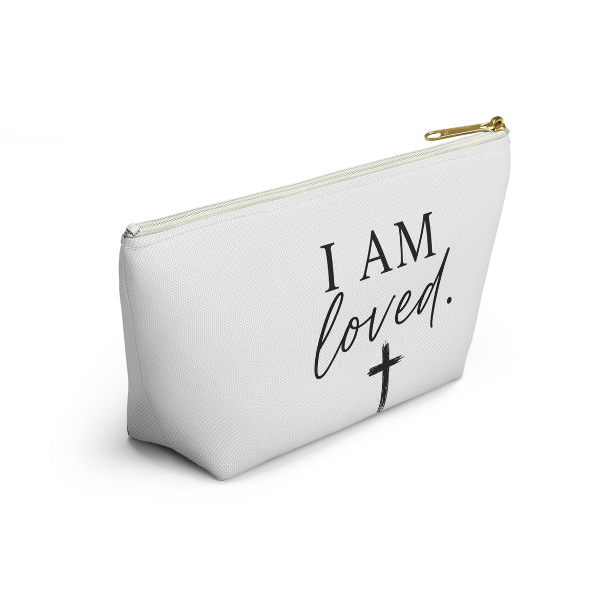 I Am Loved Accessory Pouch — Christian Inspirational Makeup Bag with Cross