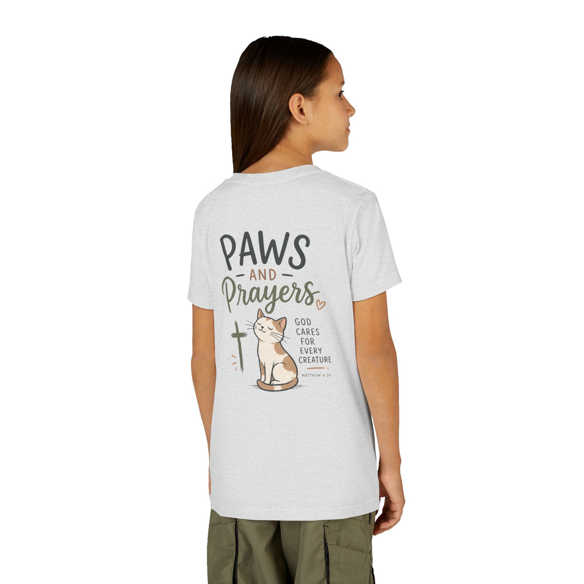 Youth Tee — "Paws and Prayers" Cat Graphic
