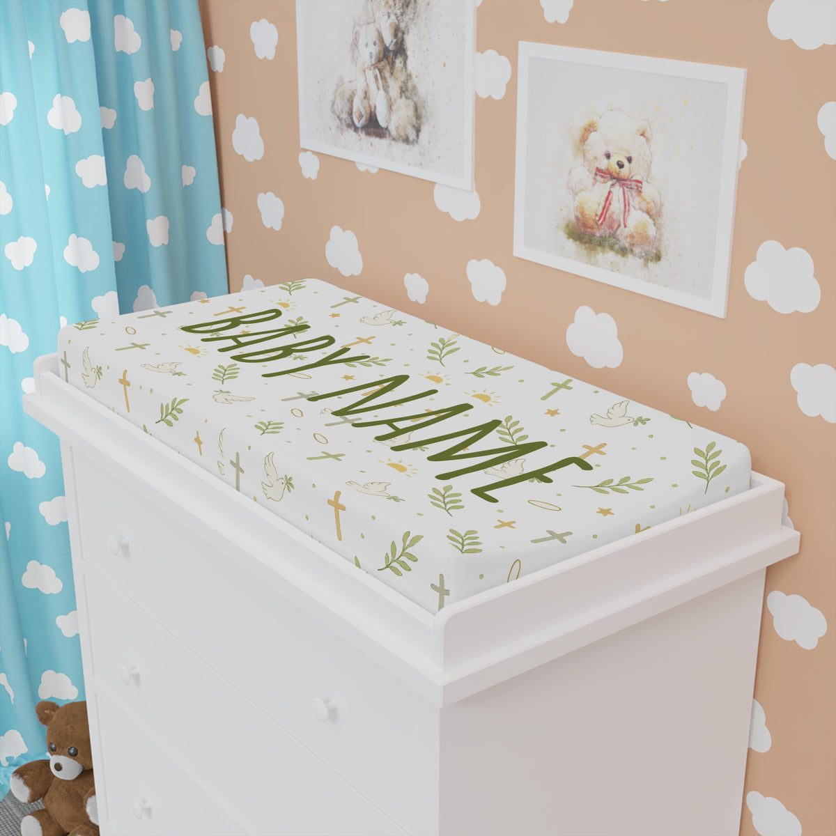 Personalized Baby Changing Pad Cover — Neutral Green Woodland Nameable Design