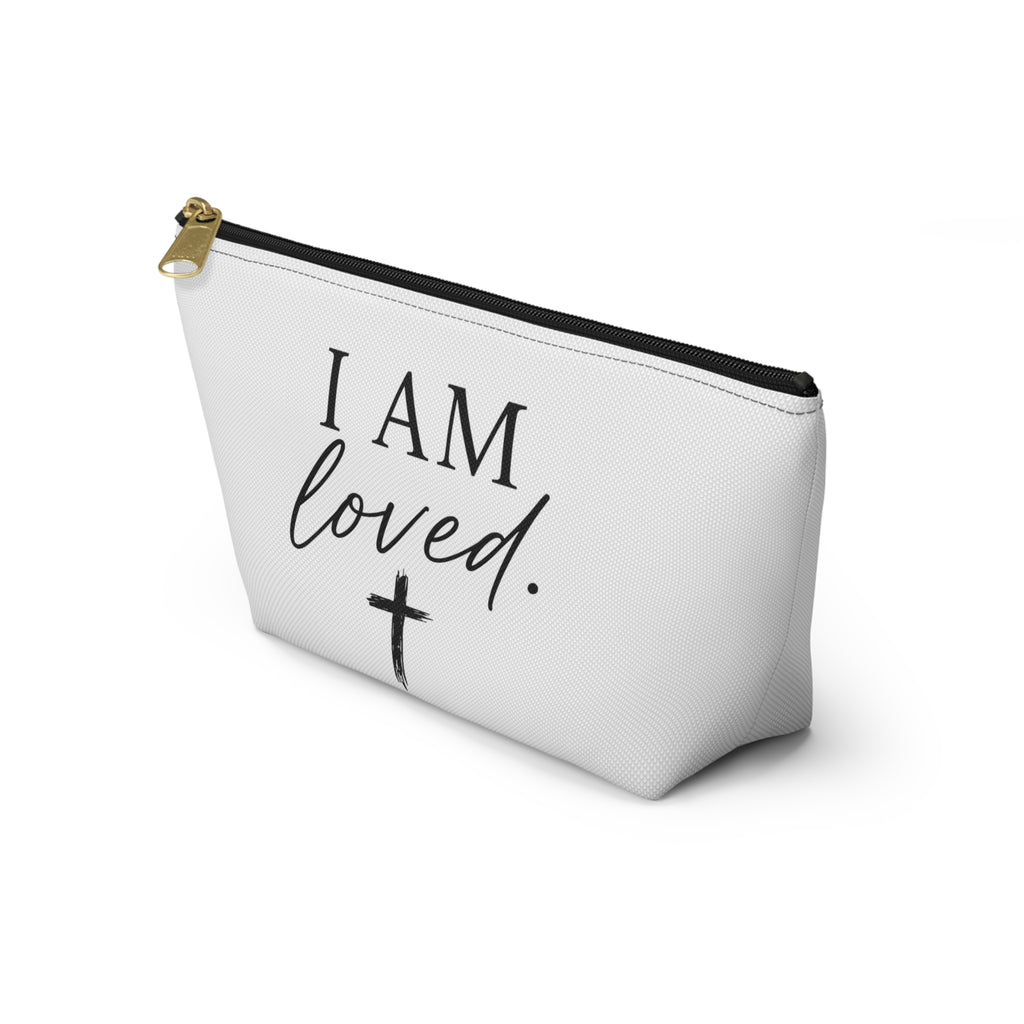 I Am Loved Accessory Pouch — Christian Inspirational Makeup Bag with Cross