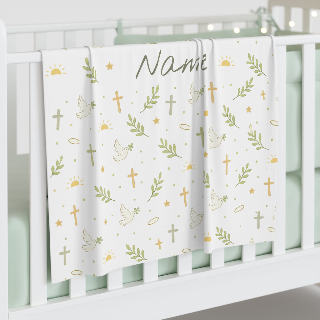 Personalized Baby Swaddle Blanket — Christian Dove & Cross Newborn Gift