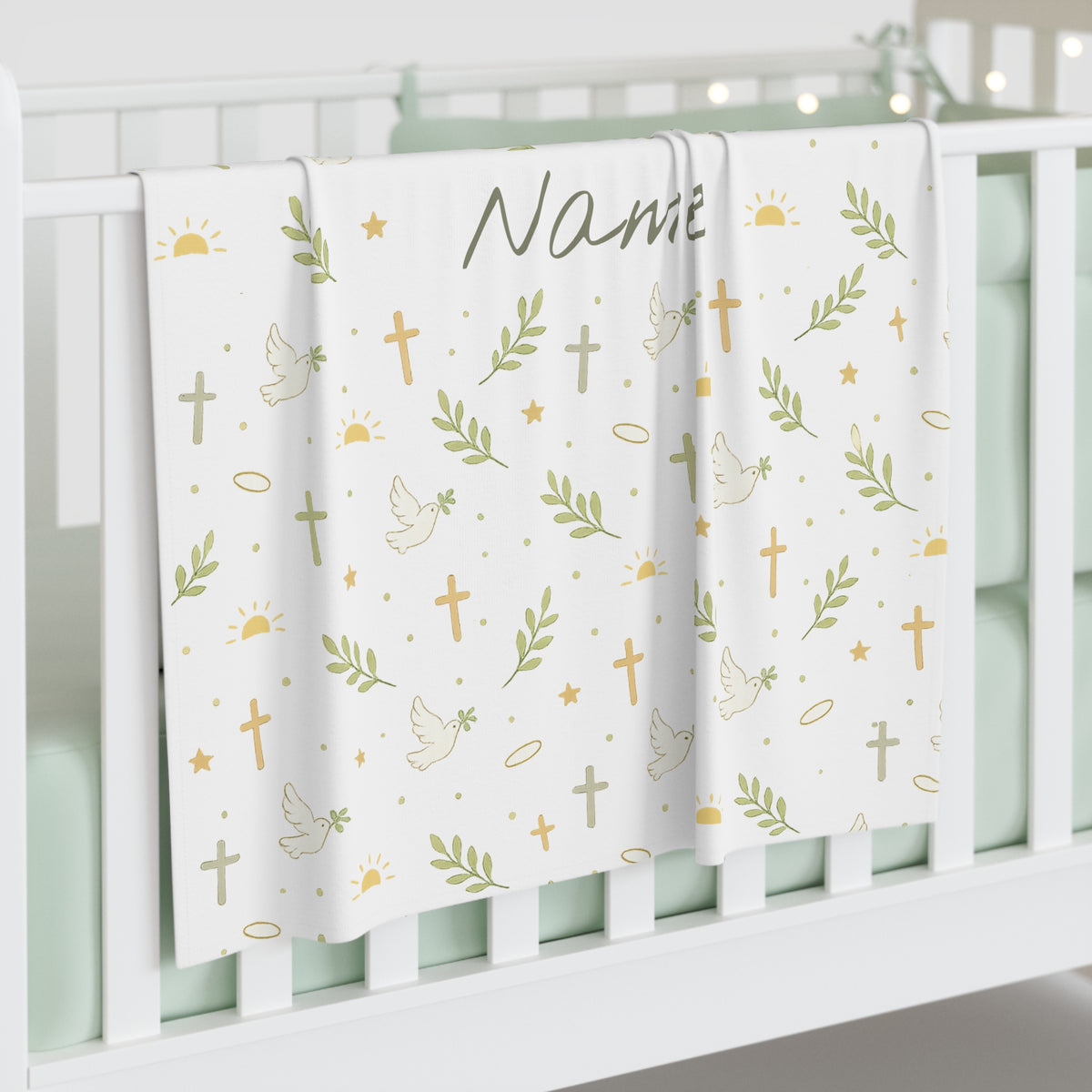 Personalized Baby Swaddle Blanket — Christian Dove & Cross Newborn Gift