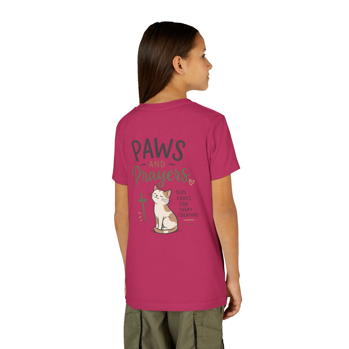 Youth Tee — "Paws and Prayers" Cat Graphic