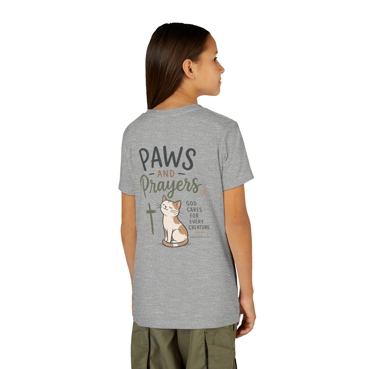 Youth Tee — "Paws and Prayers" Cat Graphic