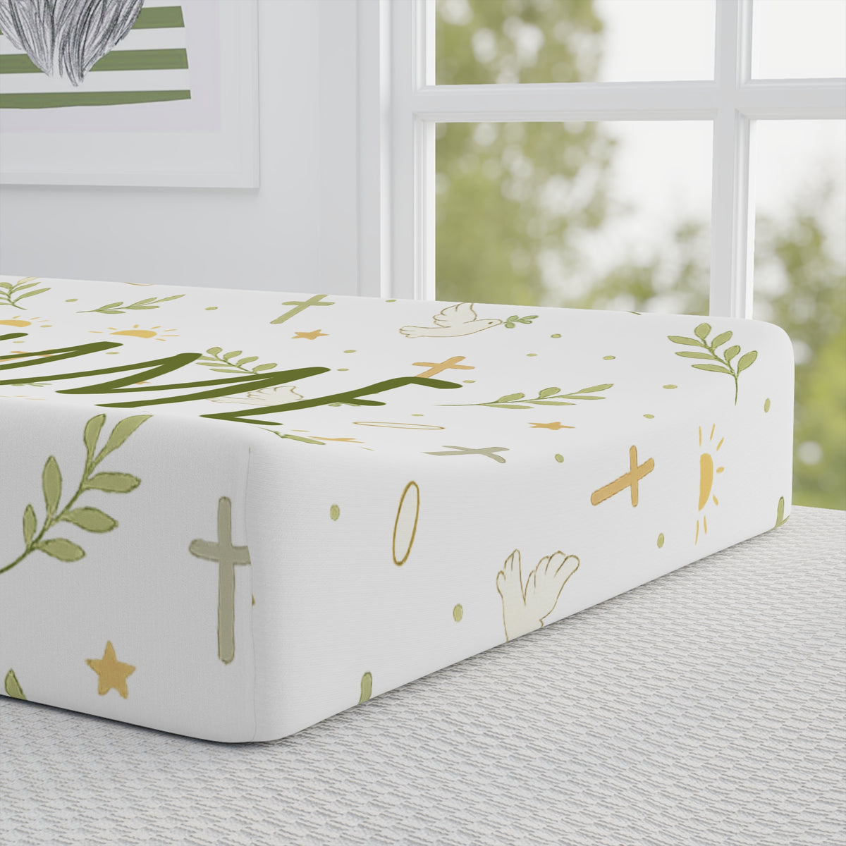 Personalized Baby Changing Pad Cover — Neutral Green Woodland Nameable Design