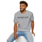 Hope Rises In Him T-Shirt — Christian Faith Inspirational Tee with Cross
