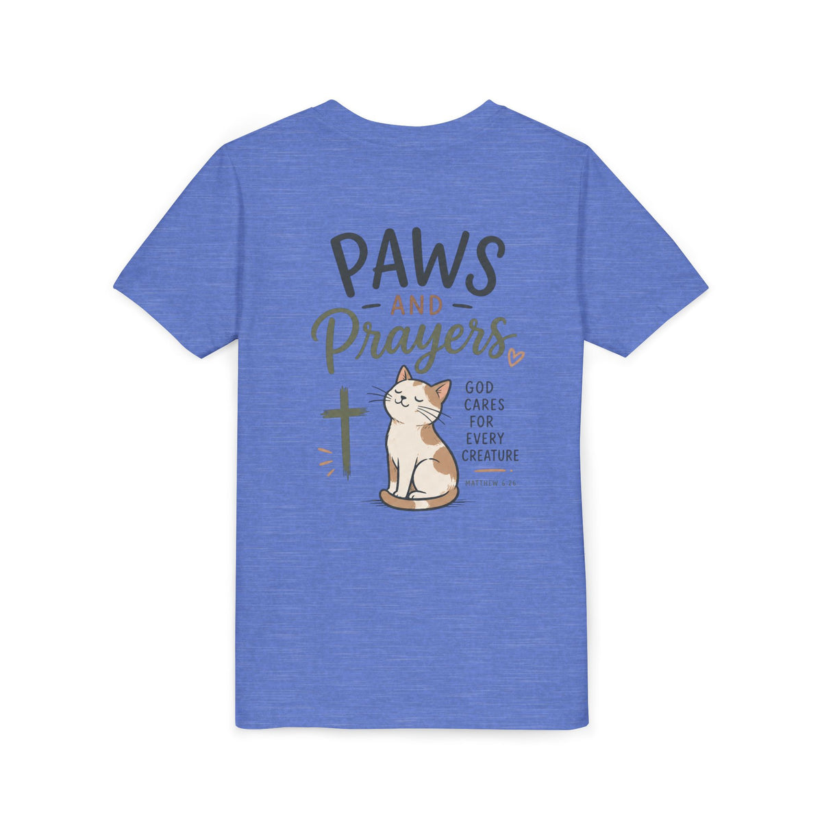 Youth Tee — "Paws and Prayers" Cat Graphic