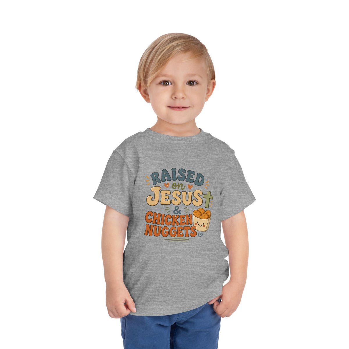 Toddler Tee – “Raised on Jesus & Chicken Nuggets” Cute Faith Kids Shirt