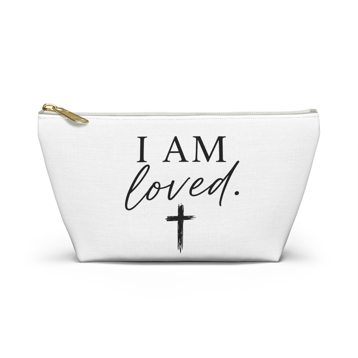 I Am Loved Accessory Pouch — Christian Inspirational Makeup Bag with Cross
