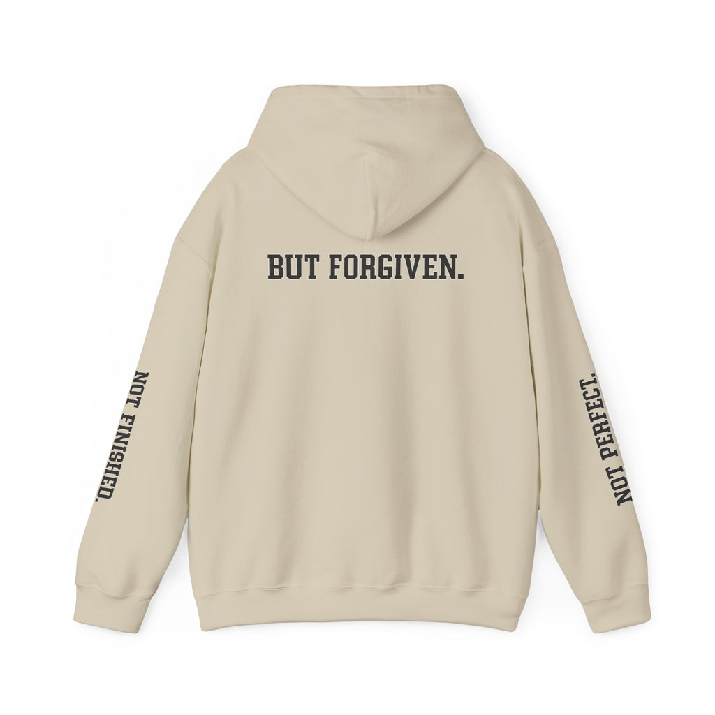 Christian Hoodie — "Ephesians 1:7" Cross Front, "But Forgiven." Back, "Not Finished / Not Perfect" Sleeve