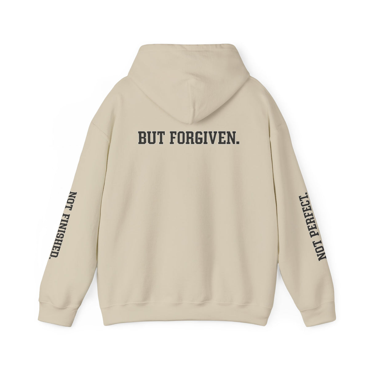 Christian Hoodie — "Ephesians 1:7" Cross Front, "But Forgiven." Back, "Not Finished / Not Perfect" Sleeve