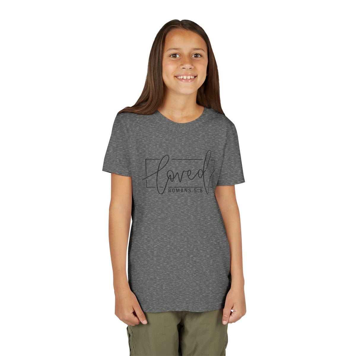Youth Girls' Tee - "Loved" Romans 5:8 Christian Faith Shirt