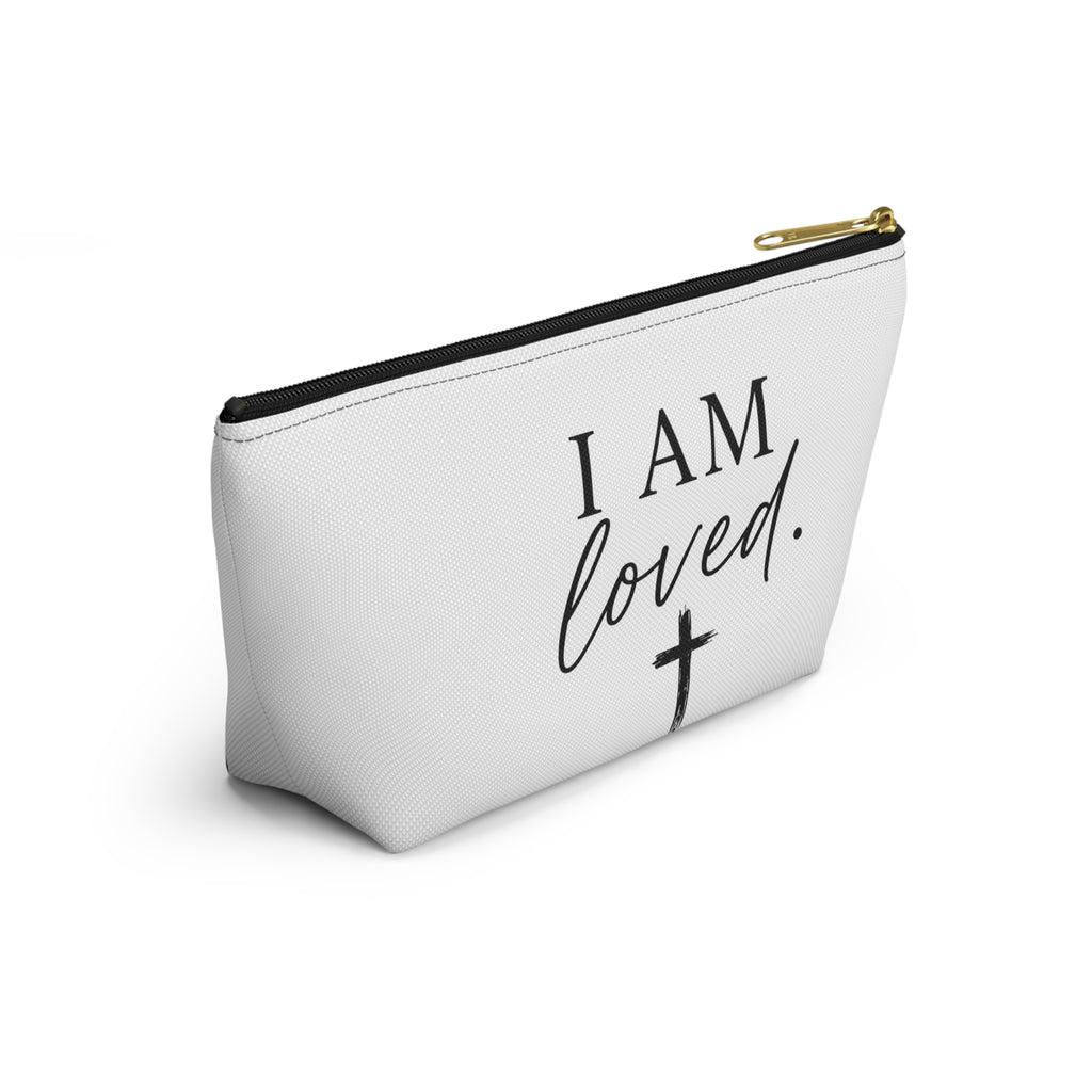 I Am Loved Accessory Pouch — Christian Inspirational Makeup Bag with Cross
