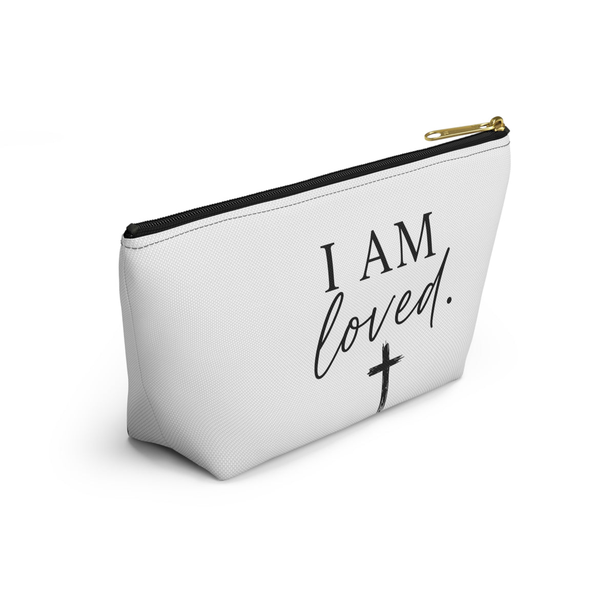I Am Loved Accessory Pouch — Christian Inspirational Makeup Bag with Cross