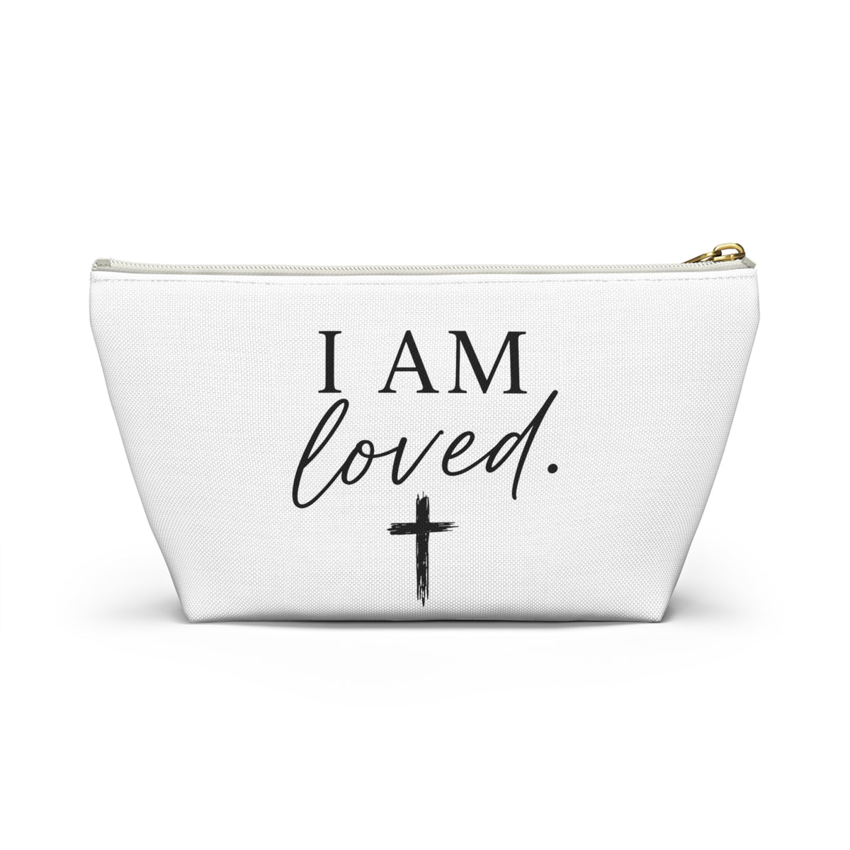 I Am Loved Accessory Pouch — Christian Inspirational Makeup Bag with Cross