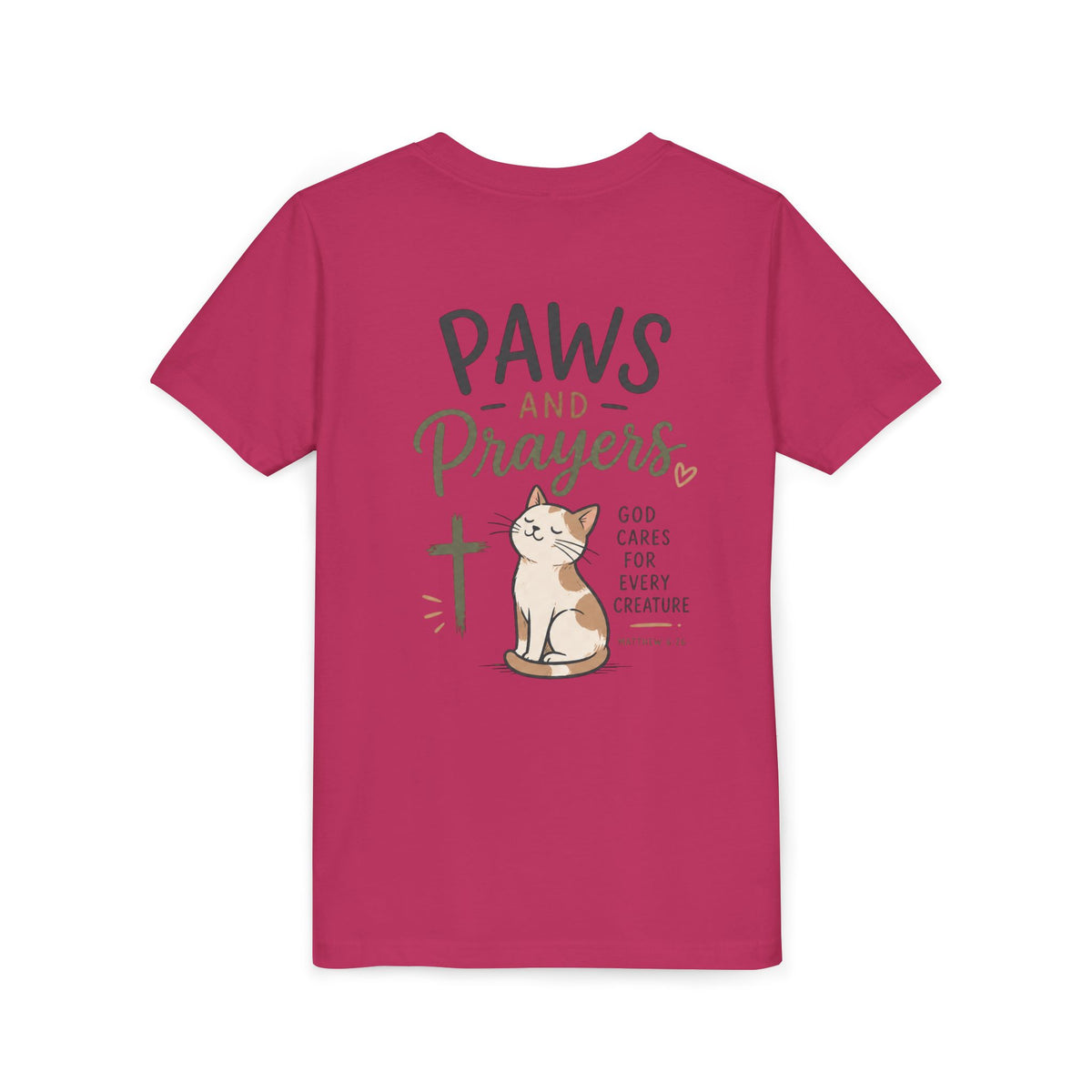 Youth Tee — "Paws and Prayers" Cat Graphic