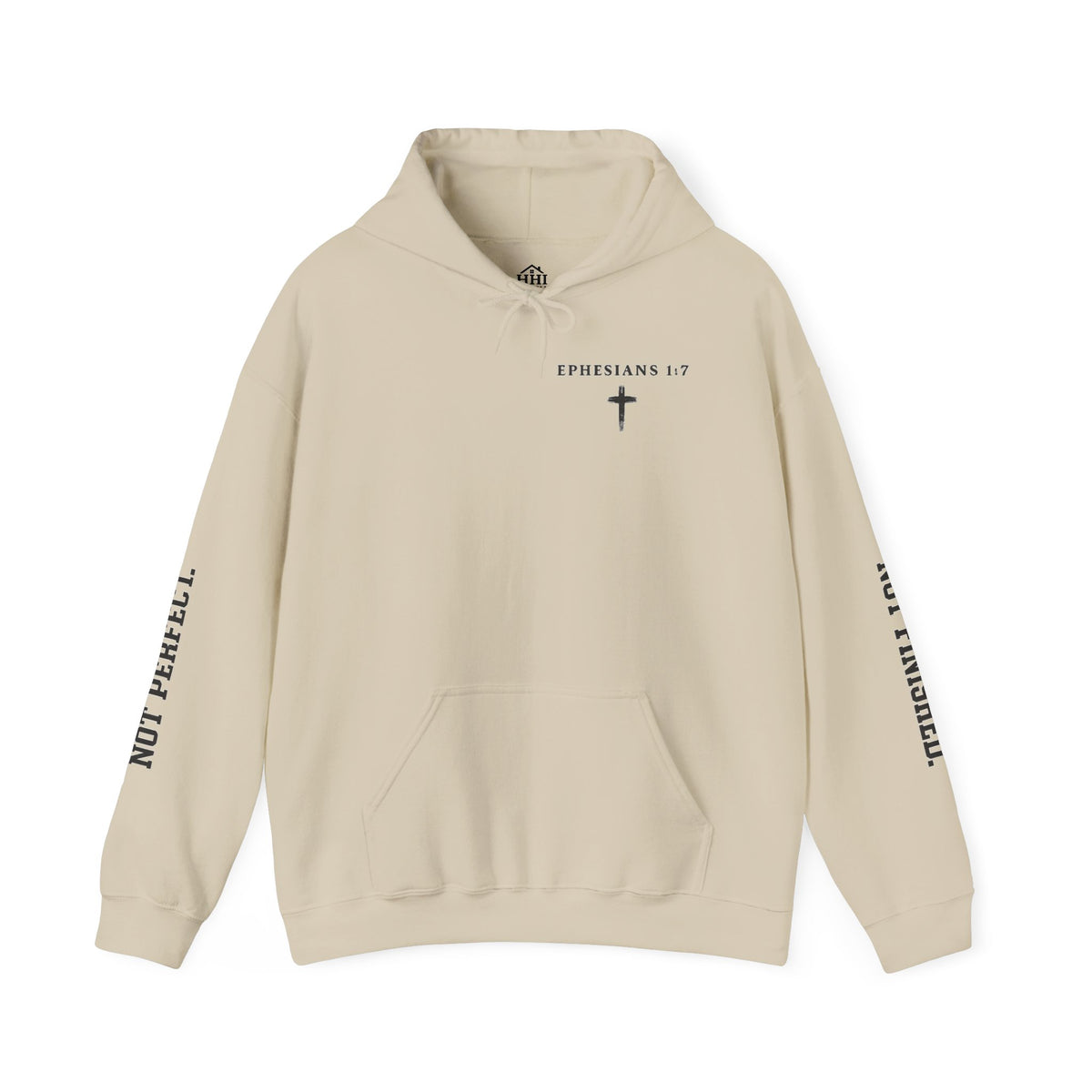 Christian Hoodie — "Ephesians 1:7" Cross Front, "But Forgiven." Back, "Not Finished / Not Perfect" Sleeve