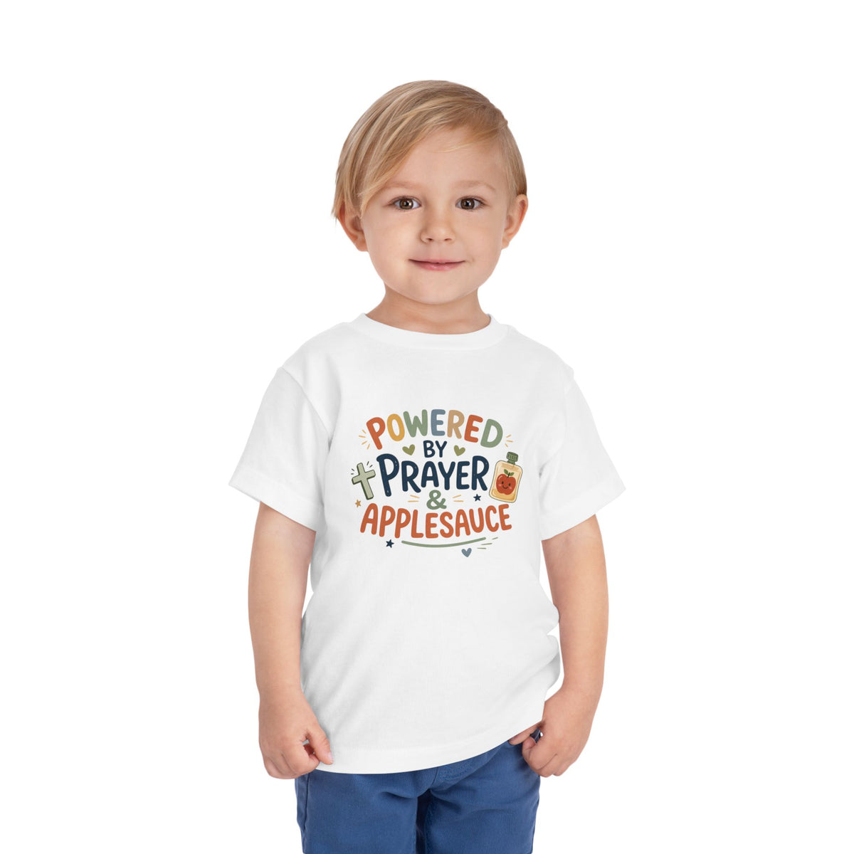 Toddler Tee — "Powered by Prayer & Applesauce" Cute Christian Kids Shirt