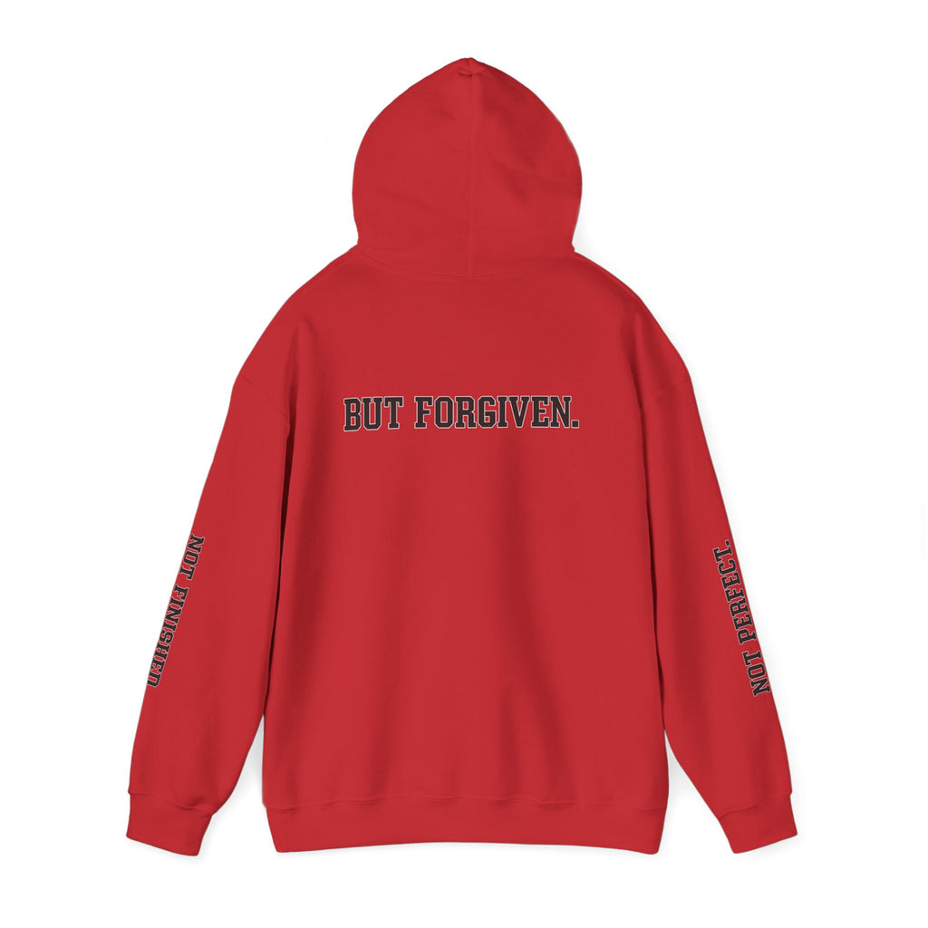 Christian Hoodie — "Ephesians 1:7" Cross Front, "But Forgiven." Back, "Not Finished / Not Perfect" Sleeve