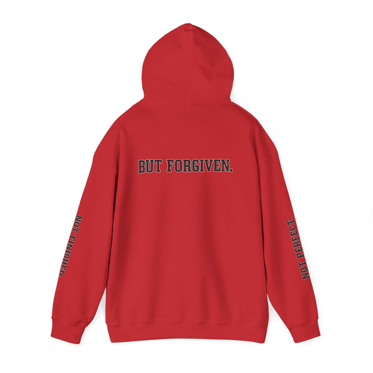 Christian Hoodie — "Ephesians 1:7" Cross Front, "But Forgiven." Back, "Not Finished / Not Perfect" Sleeve
