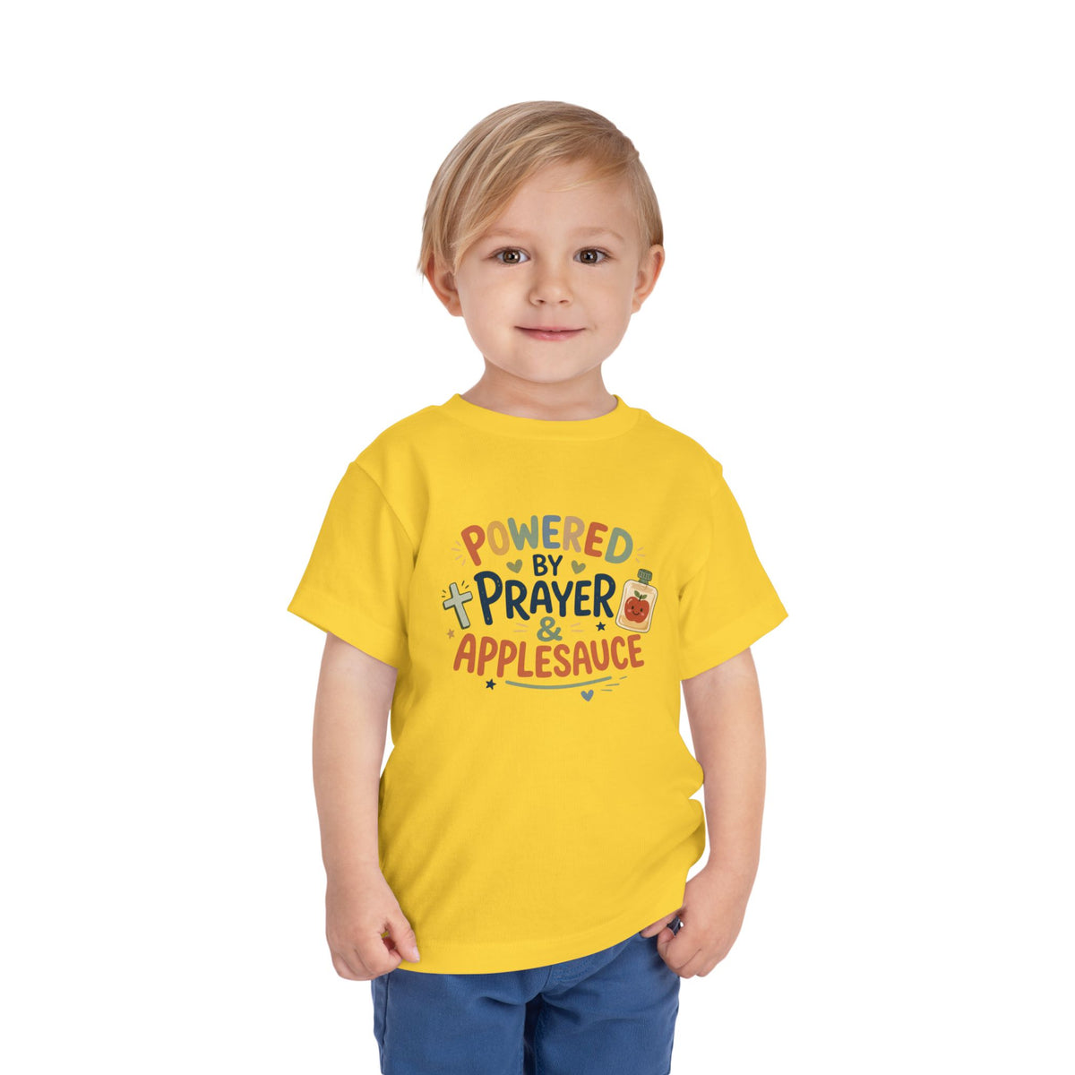 Toddler Tee — "Powered by Prayer & Applesauce" Cute Christian Kids Shirt