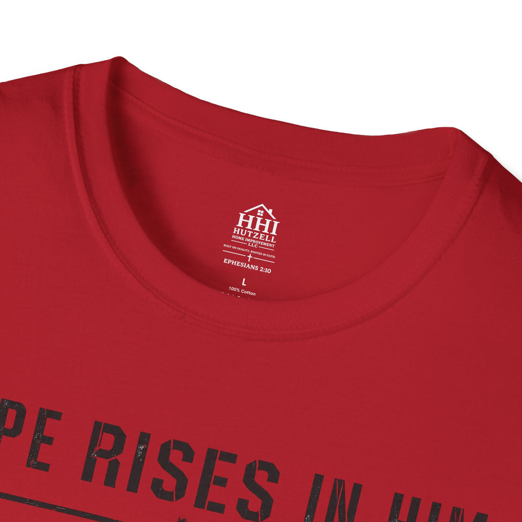 Hope Rises In Him T-Shirt — Christian Faith Inspirational Tee with Cross