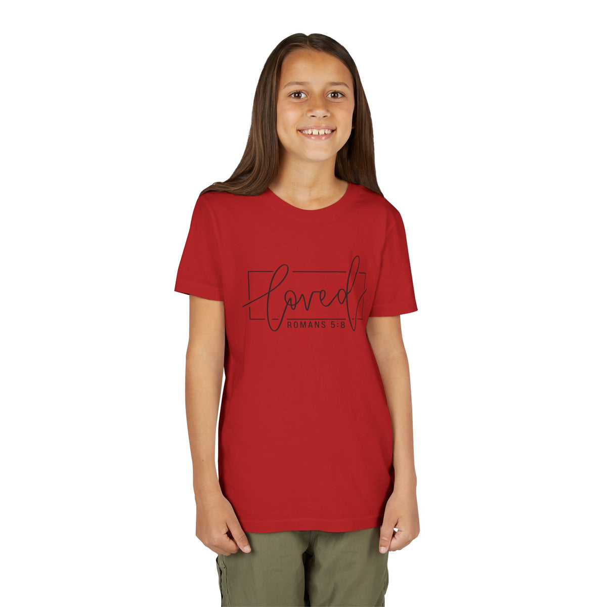 Youth Girls' Tee - "Loved" Romans 5:8 Christian Faith Shirt