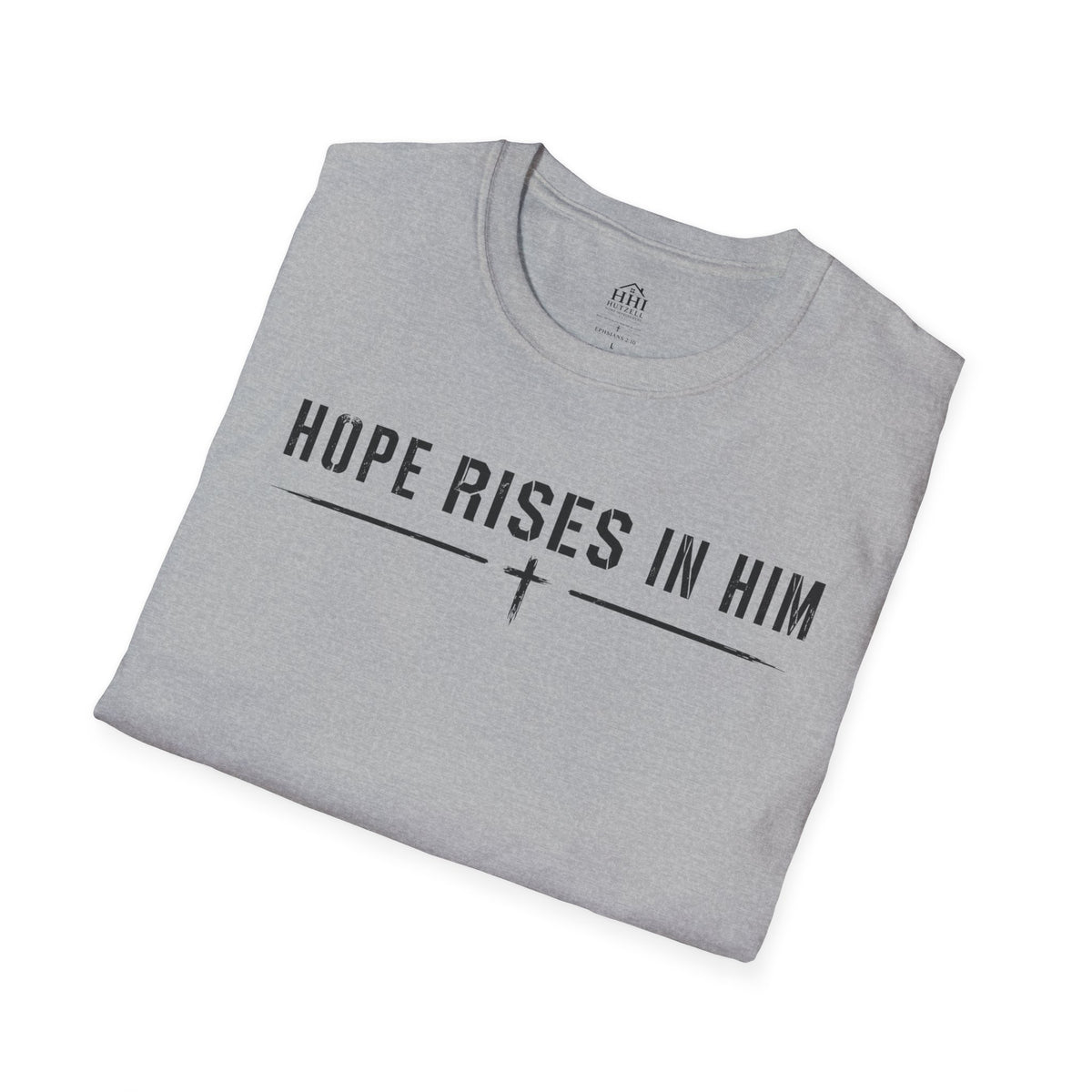 Hope Rises In Him T-Shirt — Christian Faith Inspirational Tee with Cross