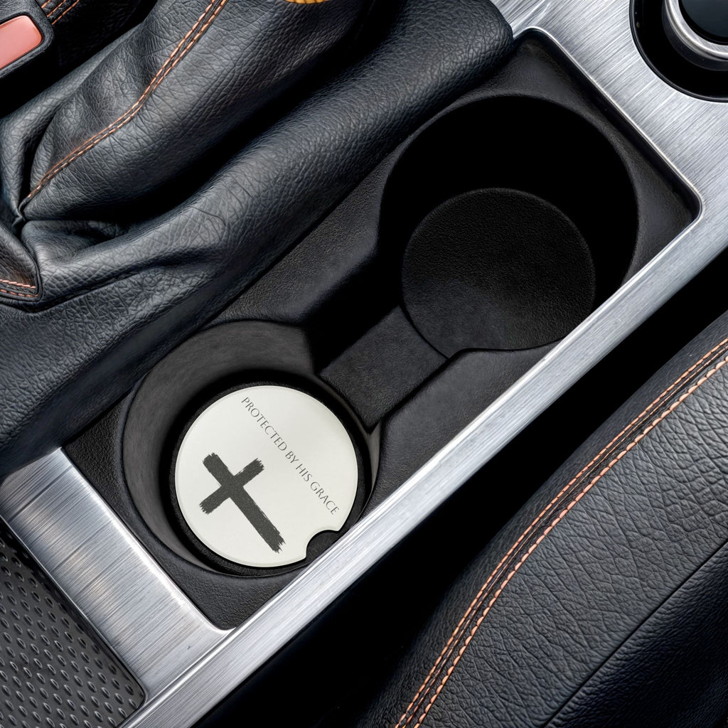Christian Cross Soapstone Car Coaster – “Protected By His Grace”