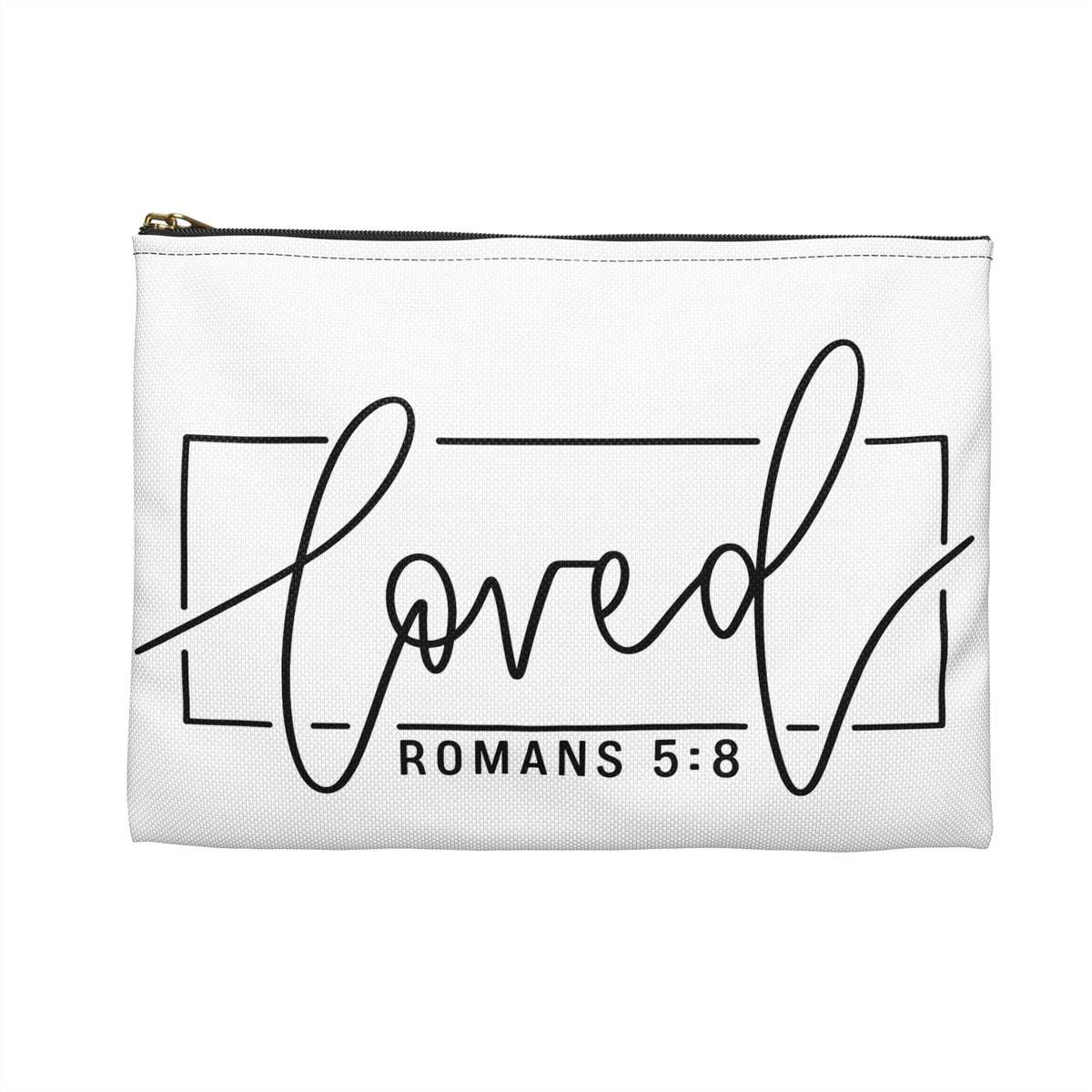 Loved Romans 5:8 Accessory Pouch — Christian Scripture Makeup Bag