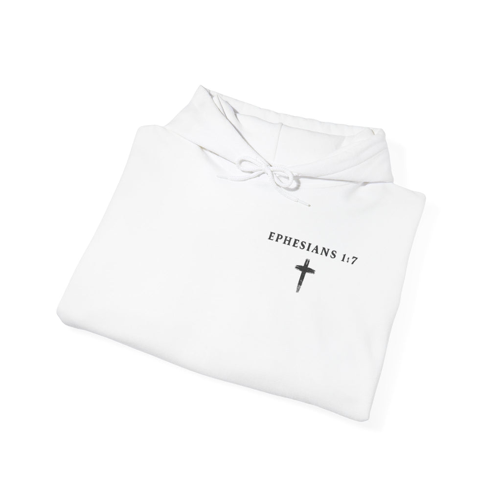 Christian Hoodie — "Ephesians 1:7" Cross Front, "But Forgiven." Back, "Not Finished / Not Perfect" Sleeve