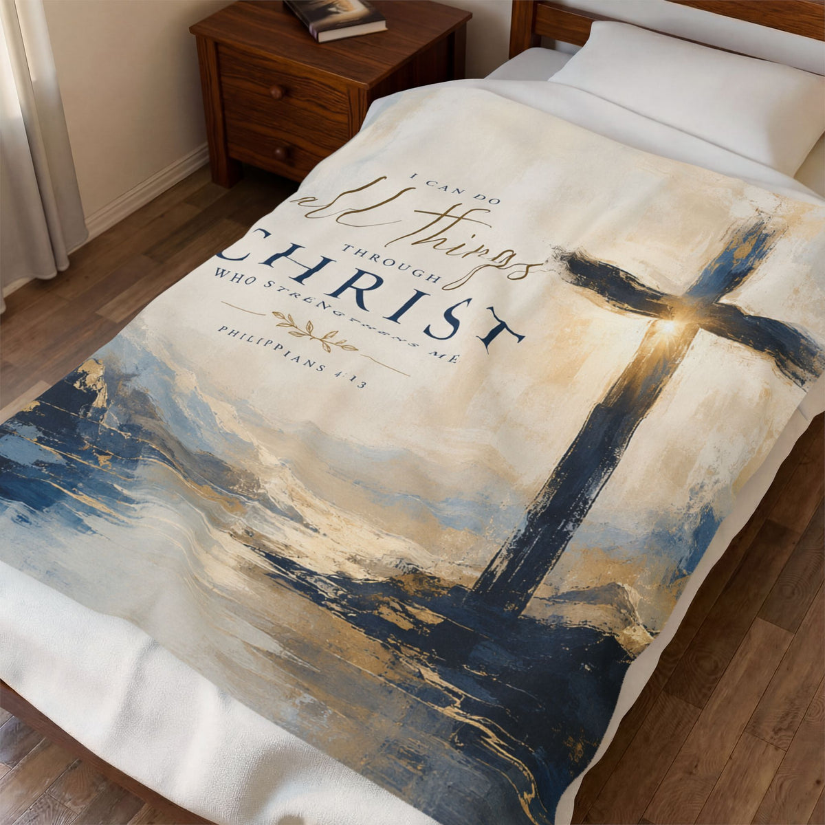 Christian Cross Velveteen Plush Blanket — "I Can Do All Things Through Christ" Inspirational Throw