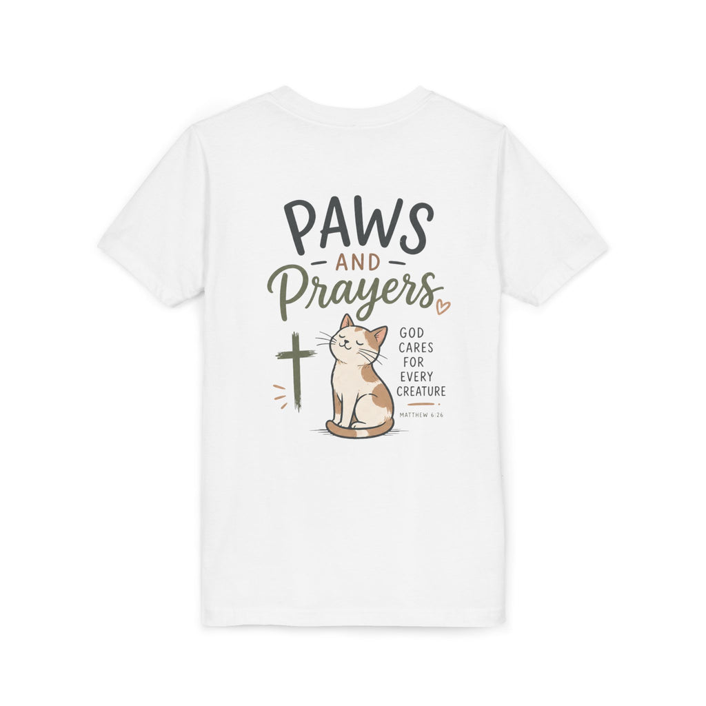 Youth Tee — "Paws and Prayers" Cat Graphic