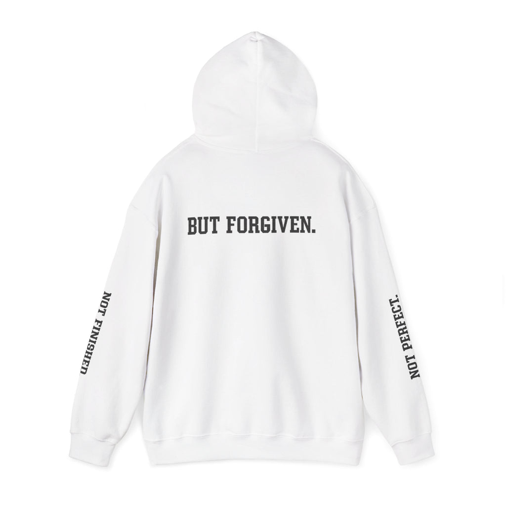 Christian Hoodie — "Ephesians 1:7" Cross Front, "But Forgiven." Back, "Not Finished / Not Perfect" Sleeve