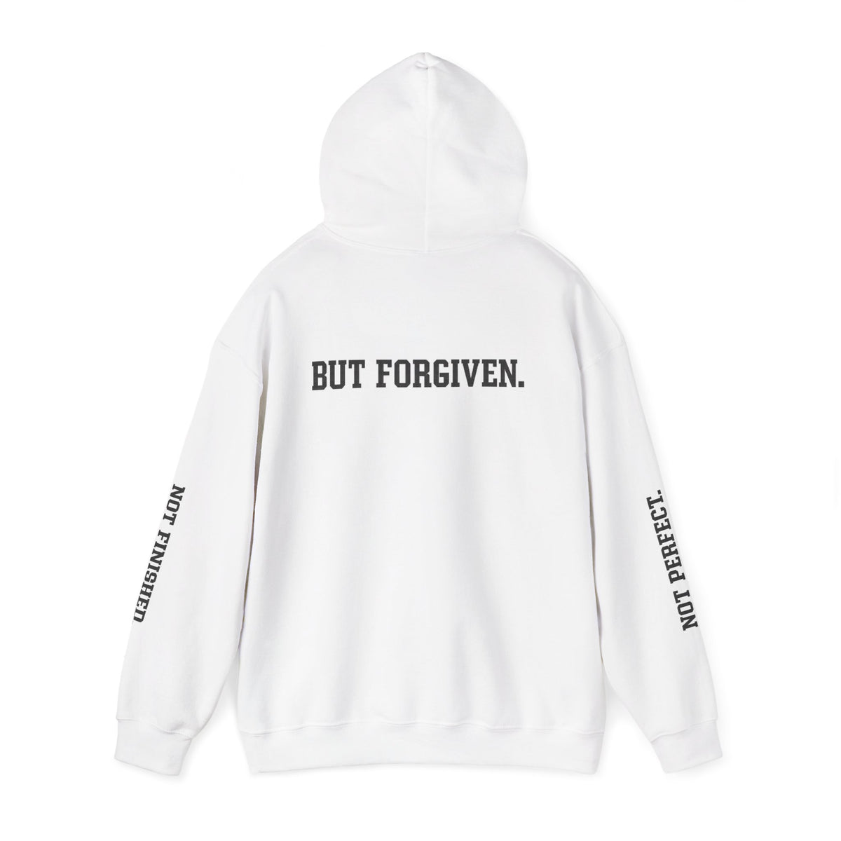 Christian Hoodie — "Ephesians 1:7" Cross Front, "But Forgiven." Back, "Not Finished / Not Perfect" Sleeve