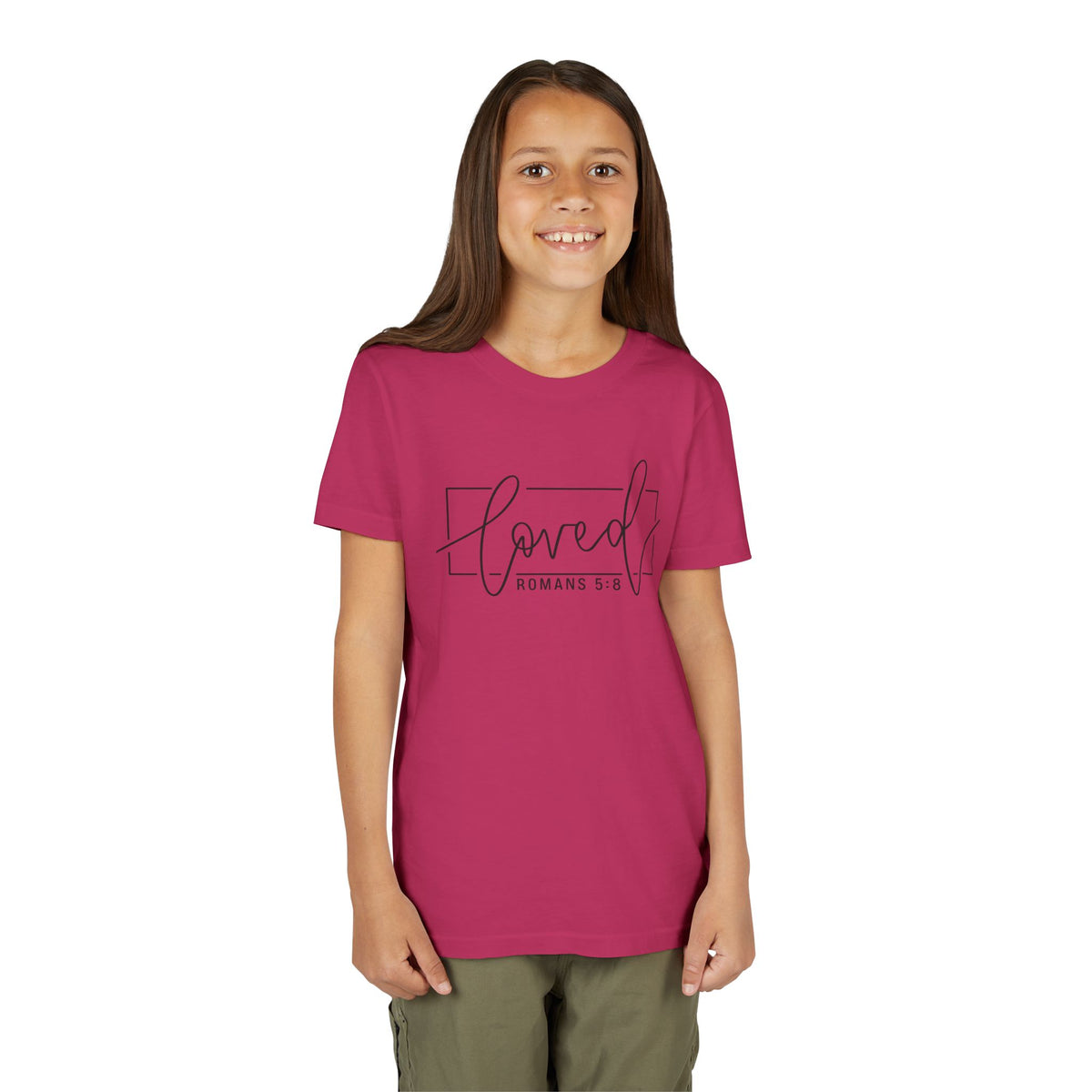 Youth Girls' Tee - "Loved" Romans 5:8 Christian Faith Shirt