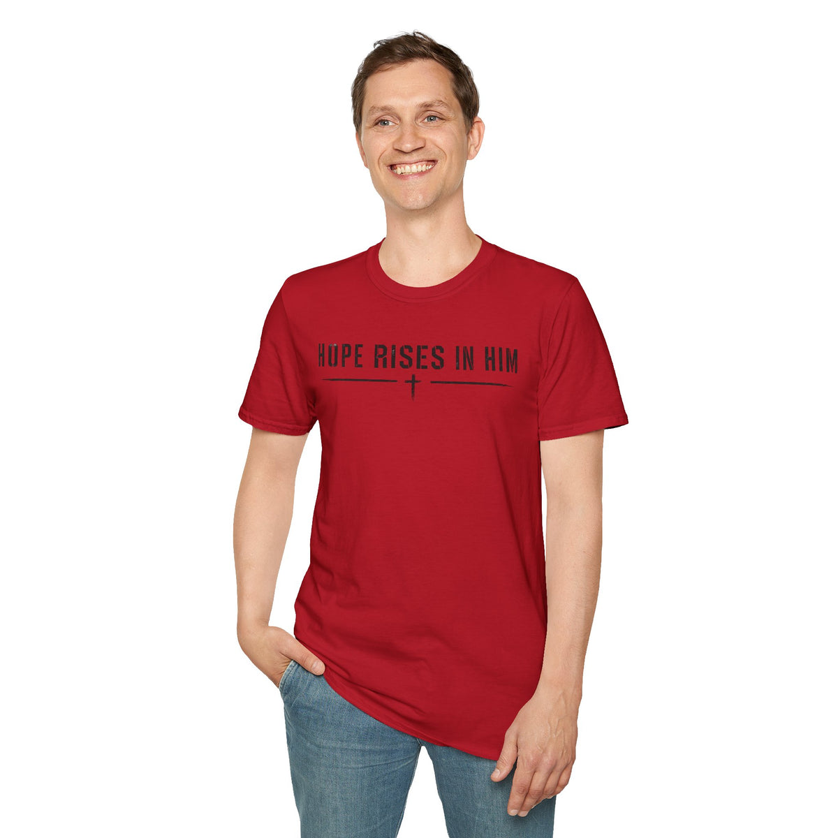 Hope Rises In Him T-Shirt — Christian Faith Inspirational Tee with Cross