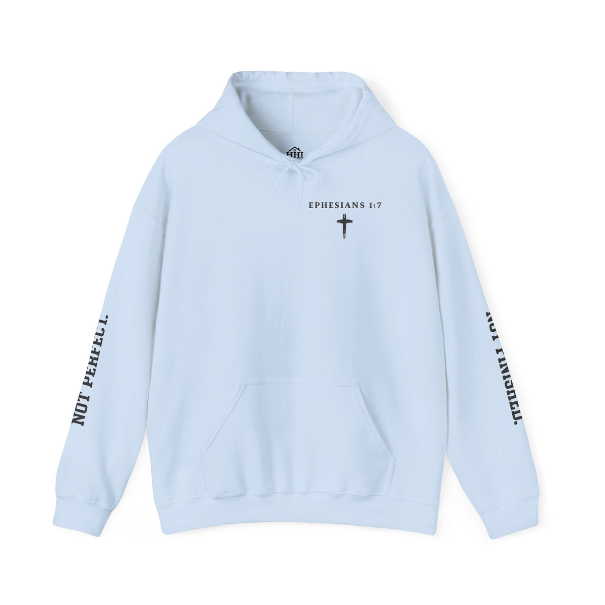 Christian Hoodie — "Ephesians 1:7" Cross Front, "But Forgiven." Back, "Not Finished / Not Perfect" Sleeve
