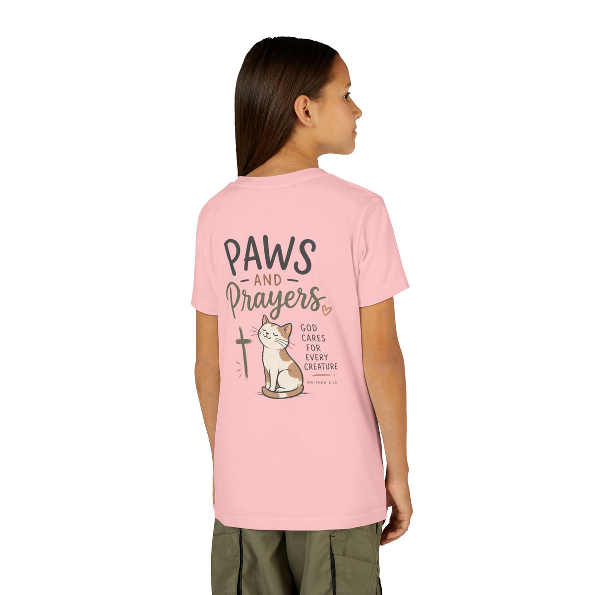 Youth Tee — "Paws and Prayers" Cat Graphic