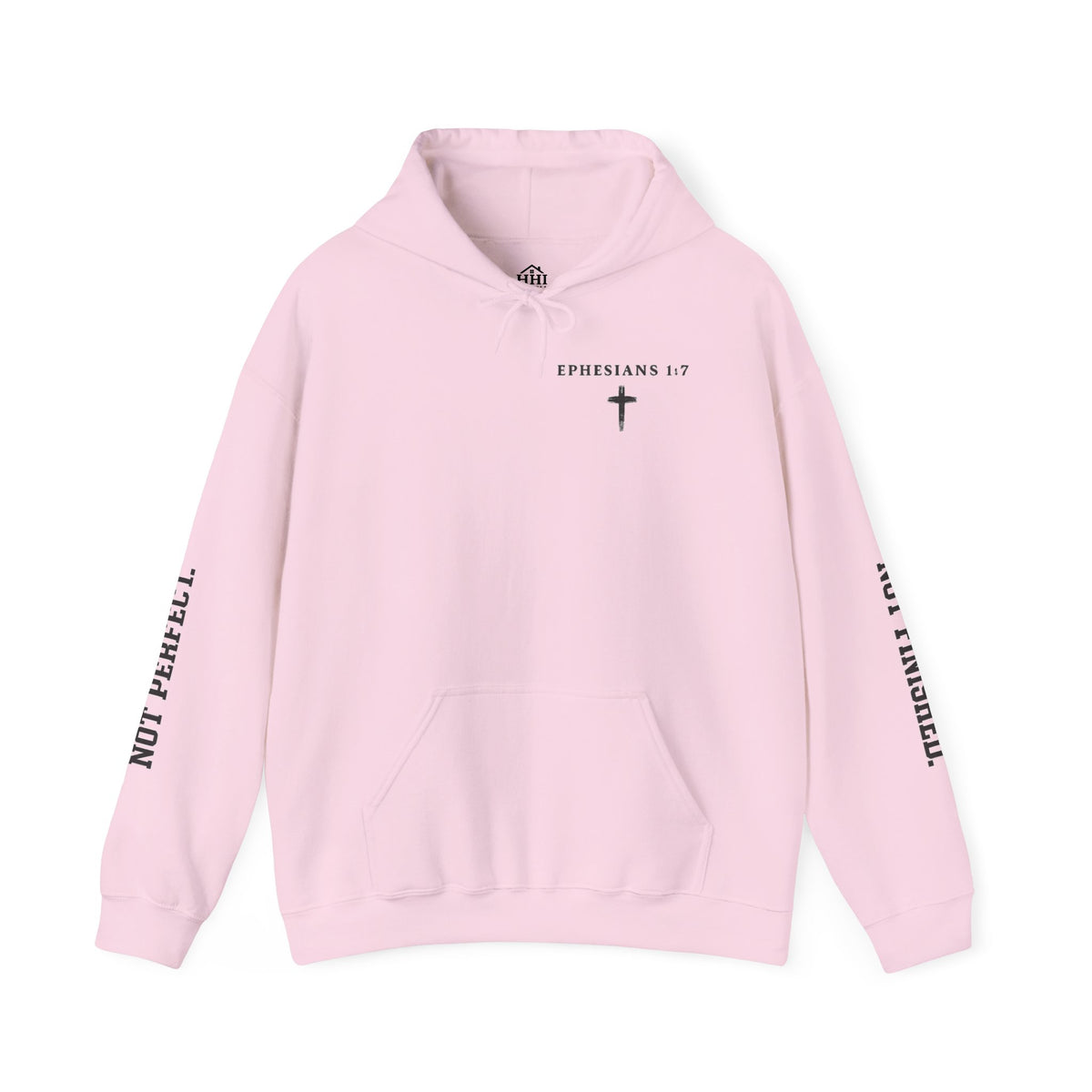 Christian Hoodie — "Ephesians 1:7" Cross Front, "But Forgiven." Back, "Not Finished / Not Perfect" Sleeve