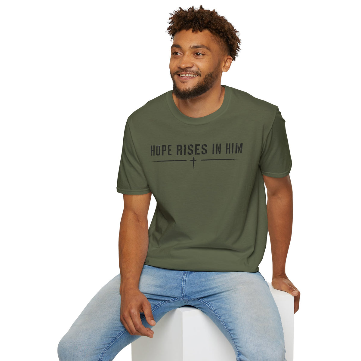 Hope Rises In Him T-Shirt — Christian Faith Inspirational Tee with Cross