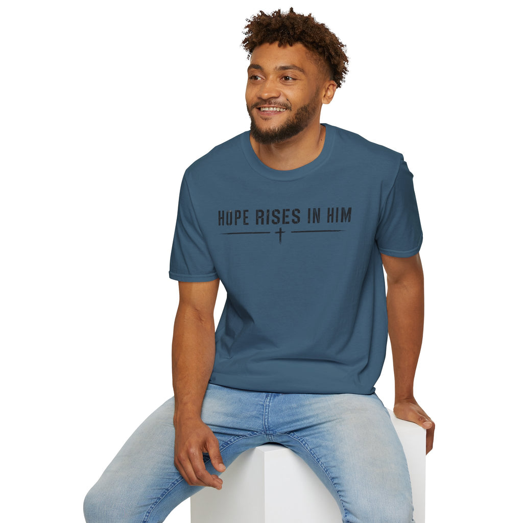 Hope Rises In Him T-Shirt — Christian Faith Inspirational Tee with Cross