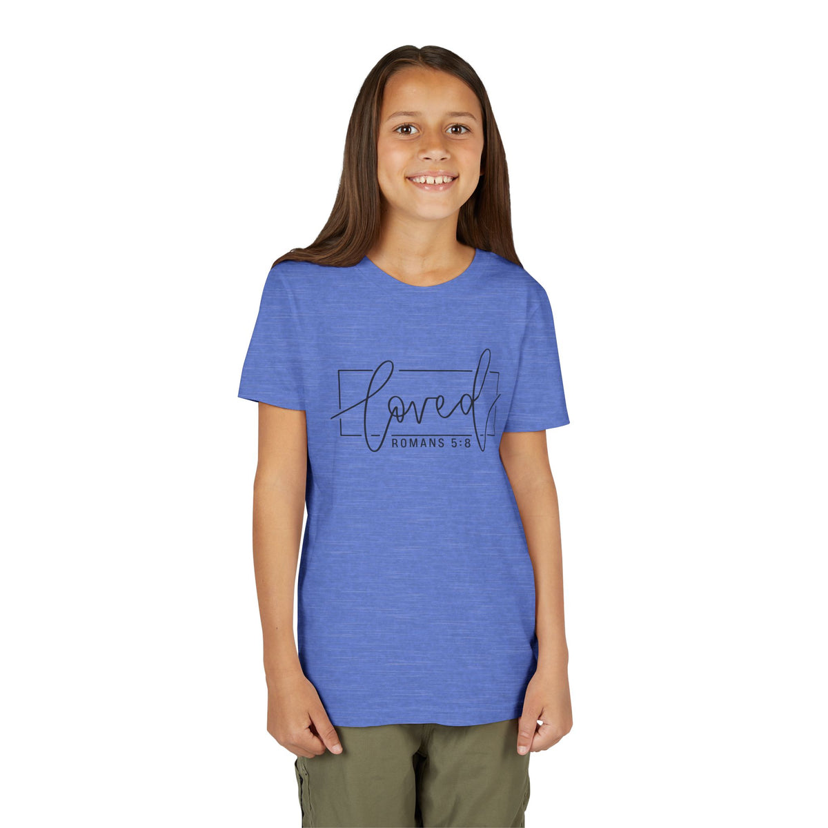 Youth Girls' Tee - "Loved" Romans 5:8 Christian Faith Shirt