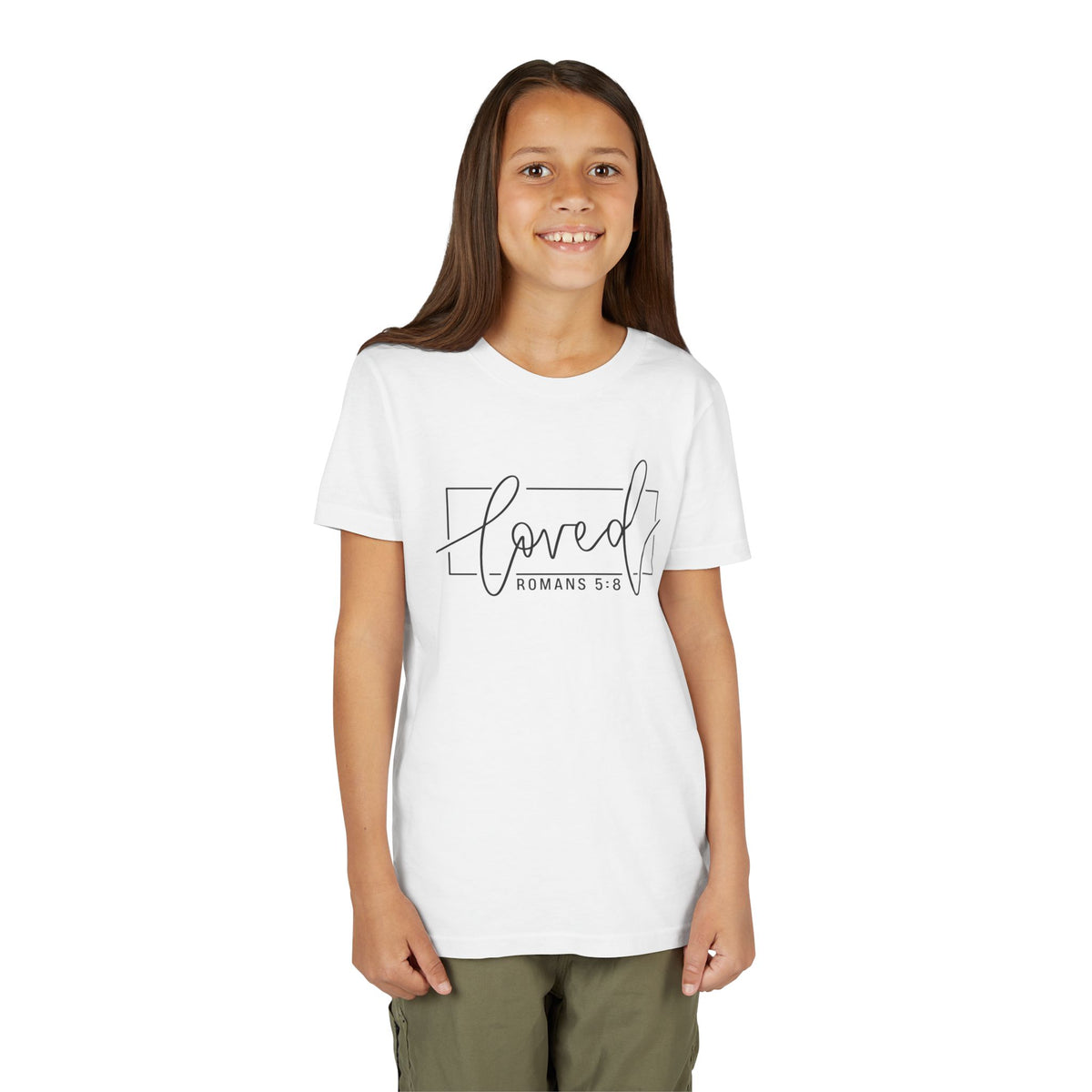 Youth Girls' Tee - "Loved" Romans 5:8 Christian Faith Shirt