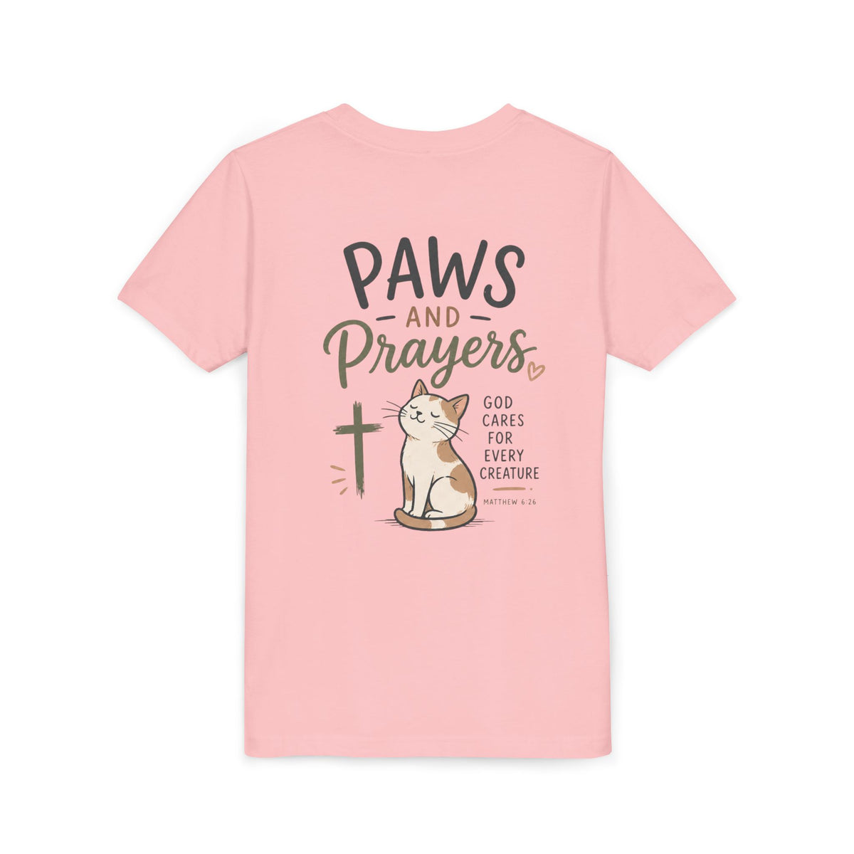 Youth Tee — "Paws and Prayers" Cat Graphic