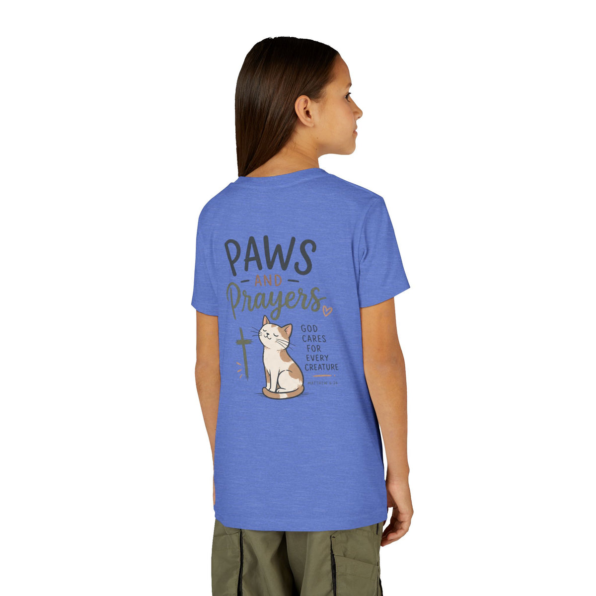 Youth Tee — "Paws and Prayers" Cat Graphic