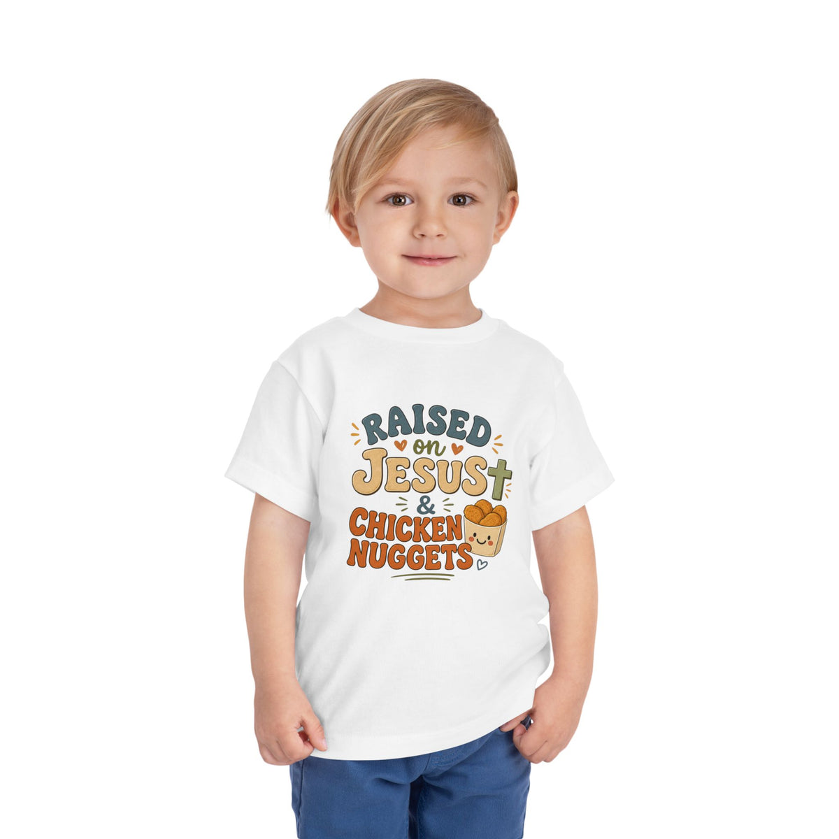 Toddler Tee – “Raised on Jesus & Chicken Nuggets” Cute Faith Kids Shirt