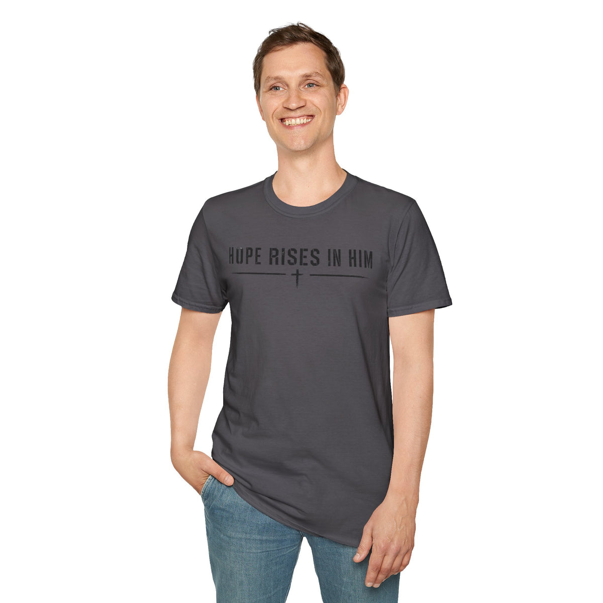 Hope Rises In Him T-Shirt — Christian Faith Inspirational Tee with Cross