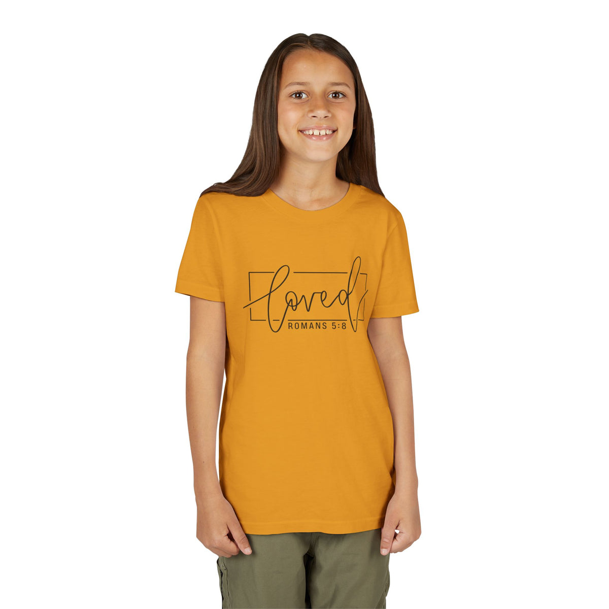 Youth Girls' Tee - "Loved" Romans 5:8 Christian Faith Shirt